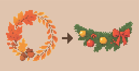 Rhinestone Halftone Fall Wreath Transforming to Christmas Garland Mosaic, Autumn Maple Leaves to Winter Pine Swag Transition, Thanksgiving to Xmas Holiday Pixel Dot Art