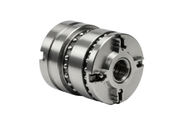 A flawless chrome-plated machine spindle with micro-ball bearings and hexagonal chuck on a transparent background. Concept of industrial precision and engineering