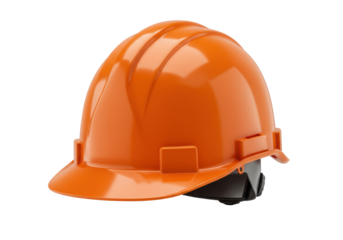 A professional safety orange industrial hard hat with a glossy finish on a transparent background under studio lighting. Concept of workplace safety equipment