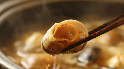 Seafood delight captured in a close-up. Clam is held by chopsticks, still dripping. Warm soup with floating ingredients fills the background. Seafood cuisine, simple and fresh.