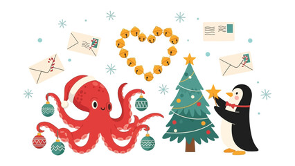 Festive Undersea Christmas: A charming cartoon depiction features a jolly octopus adorned with a Santa hat, along with a penguin decorating a Christmas tree with a star. © Nusaybah