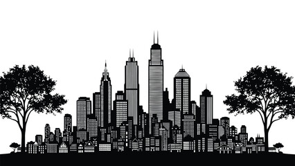Fototapeta premium Detailed resilient architecture silhouette black silhouette of a city skyline with trees on a white background urban architecture