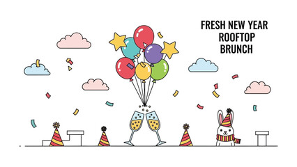 Festive Rooftop Brunch: Colorful balloons and champagne glasses adorn a rooftop, celebrating the dawn of a fresh new year in a joyful brunch scene.