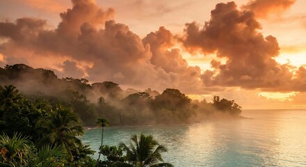 Stunning tropical jungle coastline shrouded in mist at dramatic golden sunset over ocean
