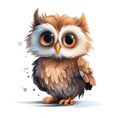 Fototapeta premium Cute owl standing on white background with big eyes and orange beak