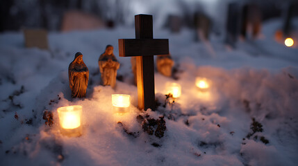 Serene graveyard scene with a wooden cross, figurines, and soft candlelight flickering on a snowy grave, creating a solemn and reflective atmosphere at dusk.