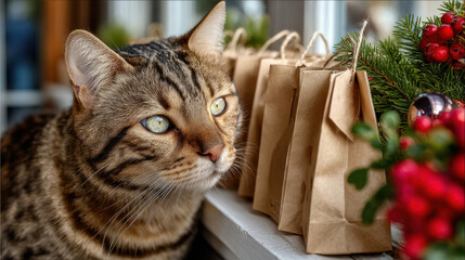 Curious tabby cat sitting beside a row of kraft paper advent bags with festive red berries and greenery on a windowsill.