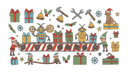 Christmas Gift Factory: A festive scene where cheerful elves and robots collaborate to prepare and package gifts, creating a magical atmosphere filled with joy and excitement.