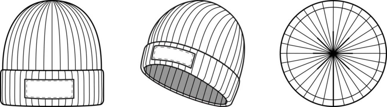 Flat sketch of a ribbed knit beanie with a fold-over cuff and logo patch. Includes front, 3/4 view, and top view with radial knit lines, topstitched logo patch. Ideal for fashion design tech packs.