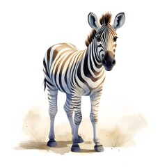 Naklejka premium Adorable zebra foal standing in a field of soft light and gentle shadows