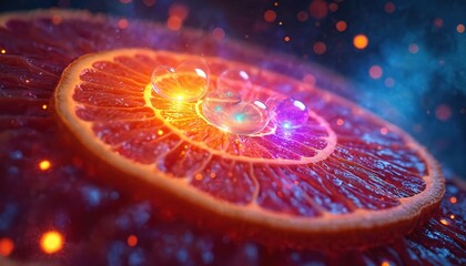Naklejka premium Macro shot shows grapefruit slice with water droplets. Juice pulp texture is visible in orange light. Abstract fruit composition represents freshness with blue bokeh background.