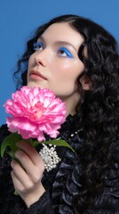 Naklejka premium Young caucasian female with curly hair holding pink flower on blue background