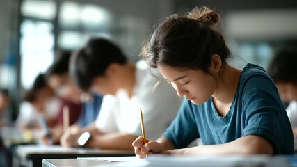 Exam at school with faceless students taking educational admission test in class thinking hard writing answer in university classroom education world literacy day concept with