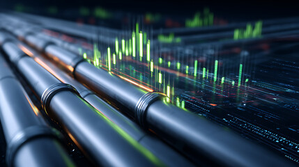 Metallic pipes run horizontally, overlaid with a green digital graph. This image represents network connectivity, data streams, and technical infrastructure systems.