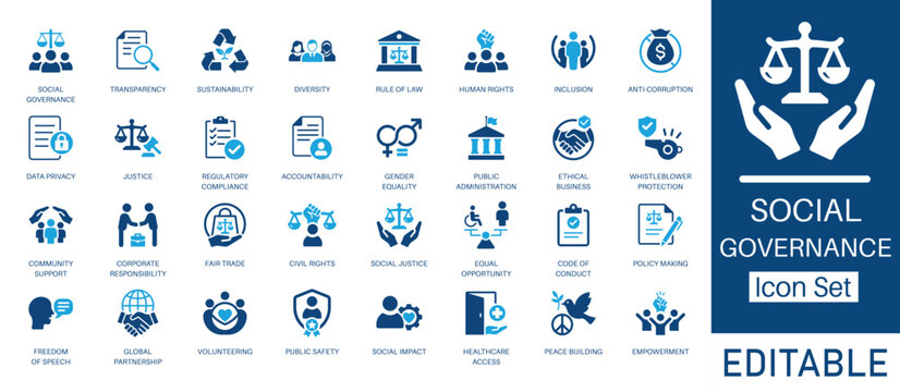 Social Governance and Human Rights solid icon set. Featuring Diversity, Justice, Sustainability, Regulation, Equality, and Anti-Corruption. Vector icons for CSR, corporate ethics, and social impact.