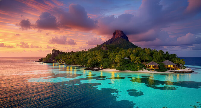 Dramatic volcanic island rising above glowing tropical lagoon. Epic island silhouette under fiery sunset and glassy waters. Luxury tropical escape beneath towering volcanic peak