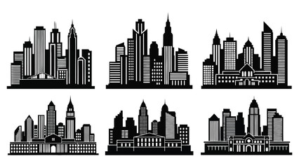 Obraz premium Six resilient architecture silhouette Black Silhouette City Skylines With White Architectural Details On White Background cityscape urban