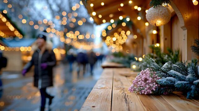 Stimmungsvolle Szenen vom winterlichen Weihnachtsmarkt mit Lichterketten und Holzh&uuml;tten