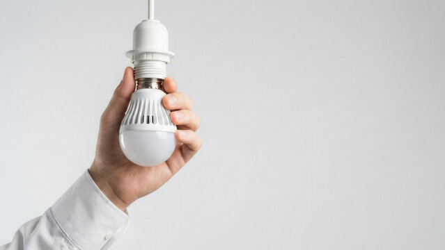Hand holding energy saving LED light bulb with white background, symbolizing innovation and eco friendly technology - Powered by Adobe