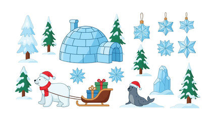 Festive Arctic Scene: Whimsical illustrations depicting winter wonderland with polar bear in santa hat and sleigh, seal, igloo, snowflake and christmas tree.