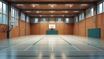 Empty spacious modern indoor school gym. Bright sports hall with wooden walls, high ceiling, large windows. Basketball court, backboard, net, multiple game markings on glossy grey floor. Facility