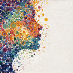 Colorful abstract artwork of a human profile created with overlapping circles and vibrant paint splashes