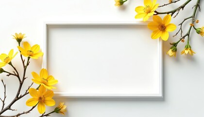 Frame decorated with yellow flowers. Floral border design with blossom. Spring theme flat lay. Elegant card blank for text. Flower arrangement with white frame. Modern minimalist layout for