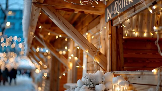 Winterliche Holzmarktst&auml;nde mit Lichterketten und Schnee