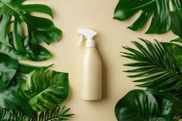 Eco Friendly Cleaning Spray Bottle Surrounded by Green Tropical Leaves