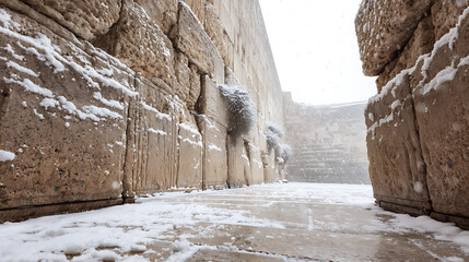 The ancient stone wall is dusted with fresh snow, creating a serene contrast. The cold scene evokes a sense of history and tranquility amidst the winter's gentle embrace.
