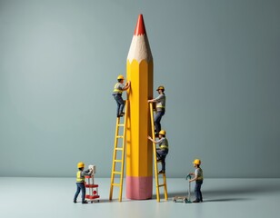 Naklejka premium Small workers climb giant yellow pencil using bright ladders. Effectively use tools to collaborate, build, create huge project. Miniature people show teamwork, great effort, vivid imagination on big