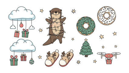 Festive Otter's Holiday Collection: An otter joyfully wrapped in holiday lights stands among playful elements of the season, from whimsical decorations to delicious donuts.