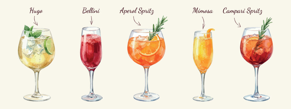 Watercolor wine and spritz cocktail set, isolated premium vector illustrations