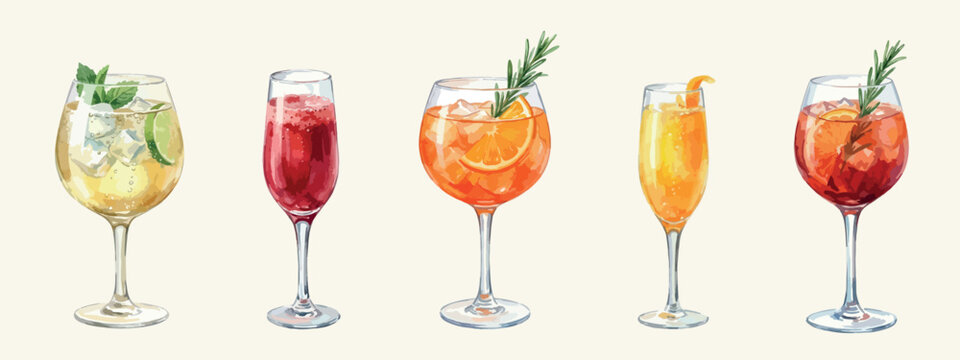 Watercolor wine and spritz cocktail set, isolated premium vector illustrations