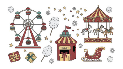 Festive Carnival Delights: A whimsical carnival scene featuring a Ferris wheel, carousel, ticket booth, cotton candy, and gift, all adorned with festive decorations and playful elements. © Jannat
