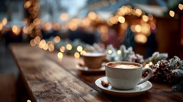 Hei&szlig;e Getr&auml;nke auf dem winterlichen Weihnachtsmarkt mit warmen Lichterketten