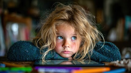 Bored Child Resting Head on Table Looking Away from Tablet Screen at Home