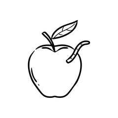 Hand Drawn Doodle Apple with Worm Outline Illustration. Sketchy fruit and pest concept vector.