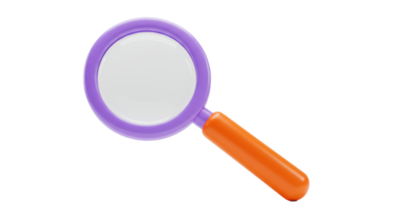 A 3d render of a magnifying glass with a glossy purple rim and orange handle on a transparent background. Concept for search and analysis