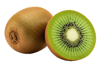 Obraz premium A ripe kiwi fruit sliced in half next to a whole one on a white background with the text 'VITAMIN C'. Concept of freshness and healthy eating