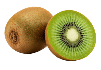 A ripe kiwi fruit sliced in half next to a whole one on a white background with the text 'VITAMIN C'. Concept of freshness and healthy eating