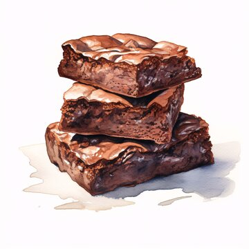 Watercolor illustration of a stack of delicious chocolate brownies on white background