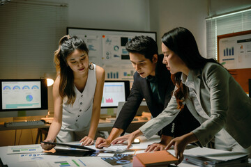 Business team collaborating on a project, analyzing data and discussing strategy in a modern office late at night