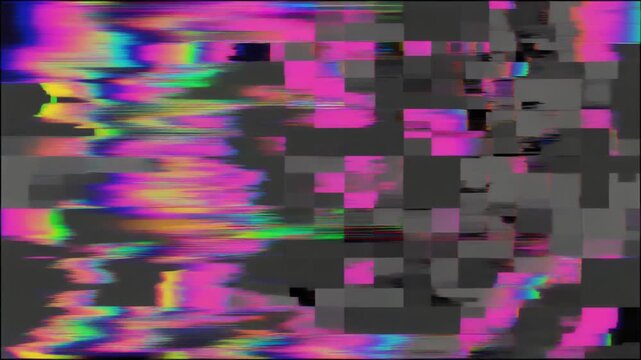 Distorted digital screen with vibrant glitch effects and pixelated interference, abstract background