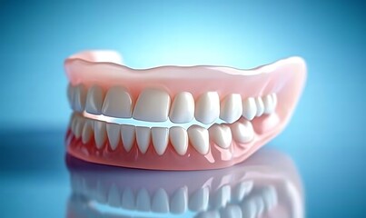 Obraz premium Complete set of dentures artificial teeth resting on reflective surface