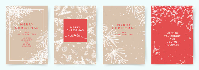 Set of Christmas cards. Hand drawn winter backgrounds with snowflakes and fir branches on a beige and red background. Vector illustration with elegant botanical decorative elements