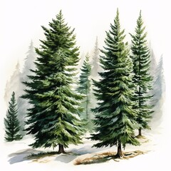 Fototapeta premium Watercolor painting of evergreen trees in snowy landscape showcases the beauty of nature