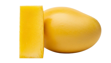A bright yellow mango and a slice of cheese, isolated on a white background