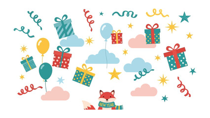 Gift-Laden Celebration: This design presents an array of festive gifts, balloons, stars, and ribbons, creating a celebratory and joyful atmosphere. A whimsical fox adds to the charm.
