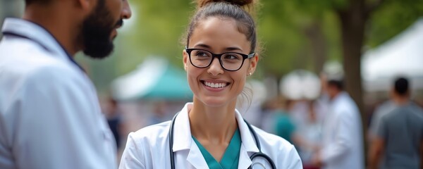 Smiling young female doctor wearing glasses, stethoscope chats with male colleague outdoors. At vibrant community health fair, providing free medical advice, wellness checks to public, supporting